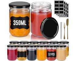 ACXIN Kleine Bewaarpotjes Mason Jars - Luchtdichte Ronde Potjes Met Metalen Deksel - Zwart - 350 ml - Set Van 12