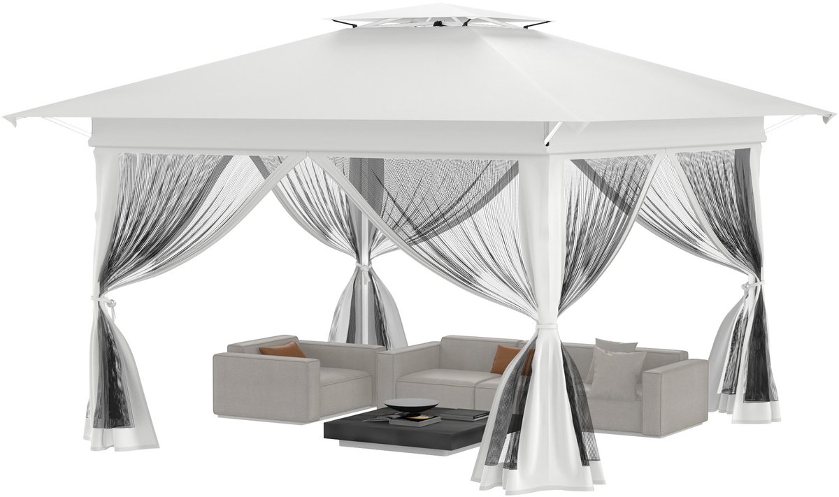 Aufun 4x4m Pop-up Vouwpaviljoen - Dubbele Bescherming - Muggennet & Afneembare Zijpanelen - Metalen Gazebo voor Tuin, Feest en Marktstand - Wit
