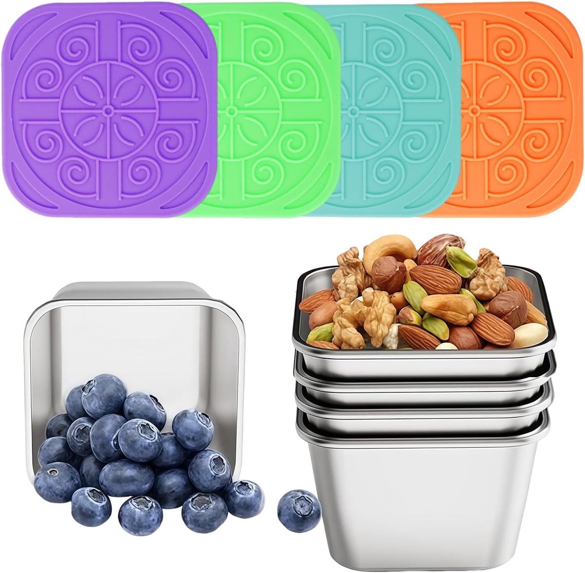 Voedselcontainerset - 4x60 ml - RVS - Saladedressing - Specerijen - Snackbox.