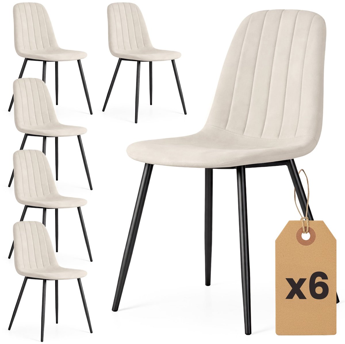 Set van 6 Eetkamerstoelen LUMO / Gestoffeerde Stoelen / Fluwelen Stoelen en Metalen Poten / Beige met zwarte benen