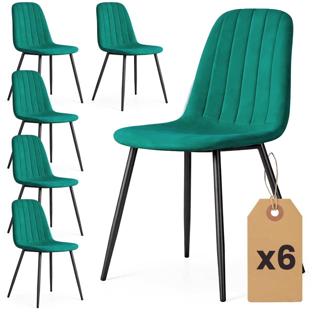Set van 6 Eetkamerstoelen LUMO / Gestoffeerde Stoelen / Fluwelen Stoelen en Metalen Poten / Flesgroen met zwarte benen