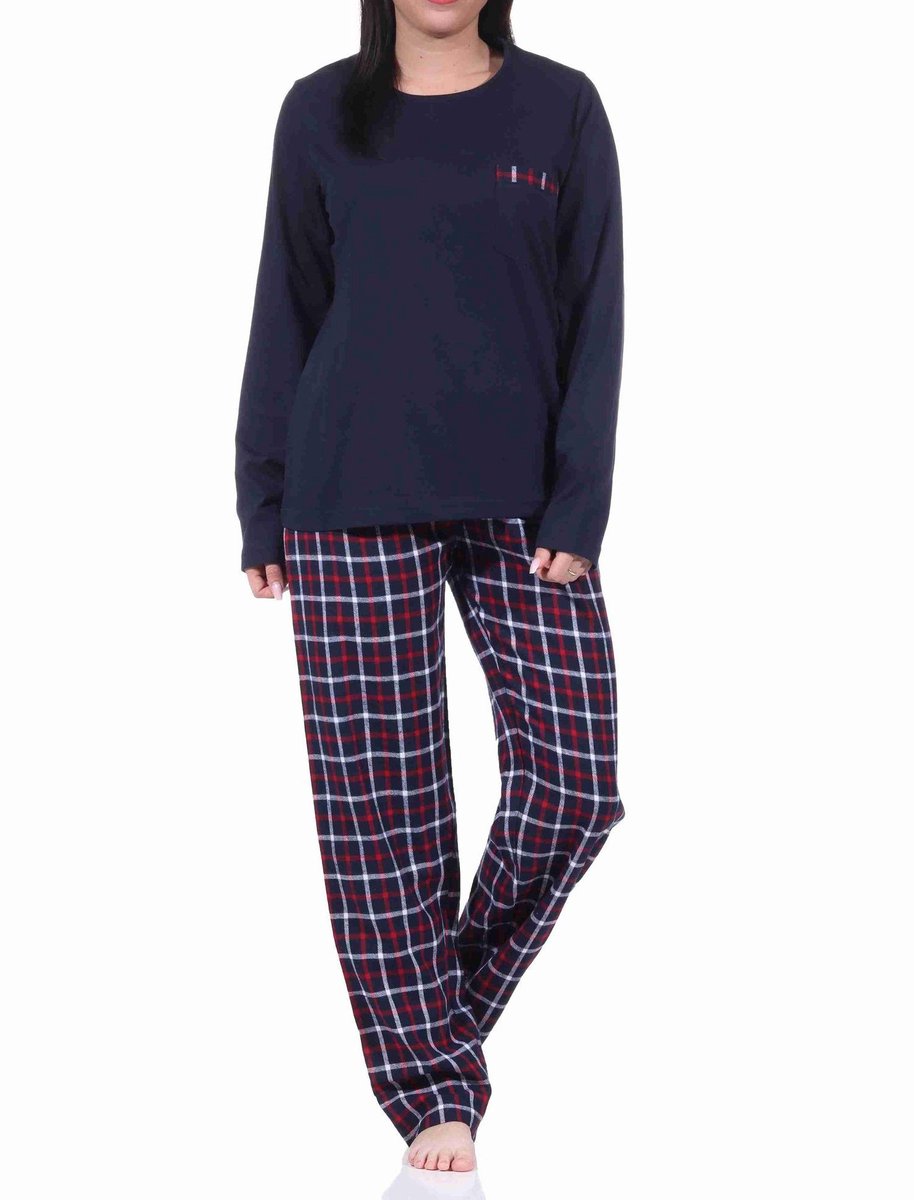 Flanellen damespyjama lang met flanellen broek en jersey top