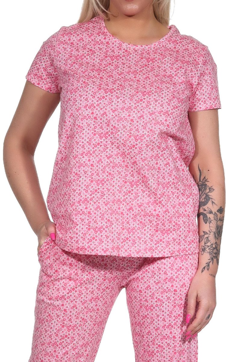 Normann Damespyjamashirt korte mouwen pyjamatop mix & match in hartvormige stippenlook - 122 904 rosa