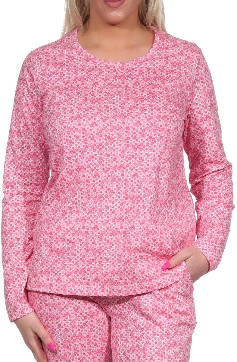 Normann Damespyjamashirt lange mouwen pyjamatop mix & match in hartvormige stippenlook - 122 904 rosa
