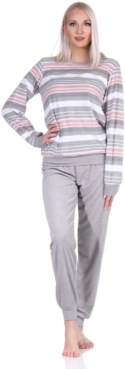 Normann Elegante damespyjama in badstof met lange mouwen en manchetten in streepjeslook - 212 840 grau