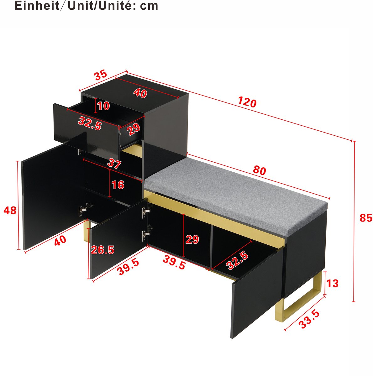 Grote schoenenkast - halmeubel - opbergkast - modern minimalistisch entree-meubel - met lade en zitkussen - zwart