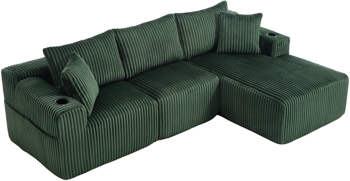 Merax Modulaire Hoekbank Met Chaise Longue - Ribstof Bankstel - 3 Zitplaatsen - Met Bekerhouder En Opbergvakken - Donkergroen