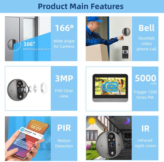 Smart Digitale Deurspion met bel - 3MP - 4.3inch LCD - Tweeweg Audio - Nachtzicht - PIR Detectie - WiFi - 5000mAh - Smartlife - Tuya - App - Sensor - Camera van Merkloos — afbeelding 5