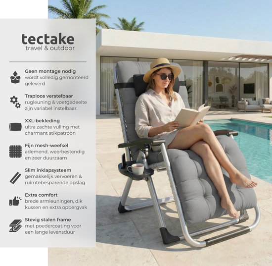 tectake® set van 2 Opvouwbare Ligstoelen Cloud - Tuinstoelen met Tafeltje - Bekerhouder - Traploos Verstelbaar - Voor Balkon, Camping of Tuin - Relaxstoelen met extra dik Kussen - Strandstoelen - Ligbed - Div. kleuren - Grijs van Merkloos — afbeelding 2