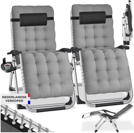 tectake® set van 2 Opvouwbare Ligstoelen Cloud - Tuinstoelen met Tafeltje - Bekerhouder - Traploos Verstelbaar - Voor Balkon, Camping of Tuin - Relaxstoelen met extra dik Kussen - Strandstoelen - Ligbed - Div. kleuren - Grijs