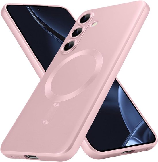 Coque de téléphone en silicone rose mat, avec un anneau magnétique, posée sur un téléphone.