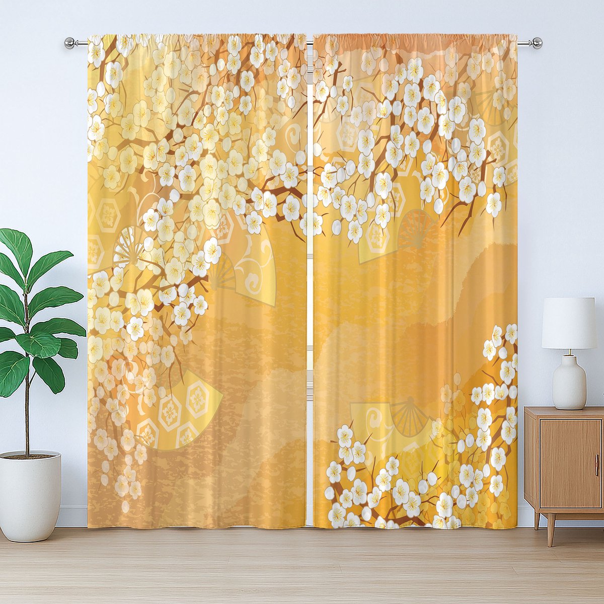 ABAKUHAUS Aziatisch rustiek gordijn, bloemenprint, slaapkamer, geplooid gordijn met lussen en haken, 280 x 175 cm, goudsbloemcrème