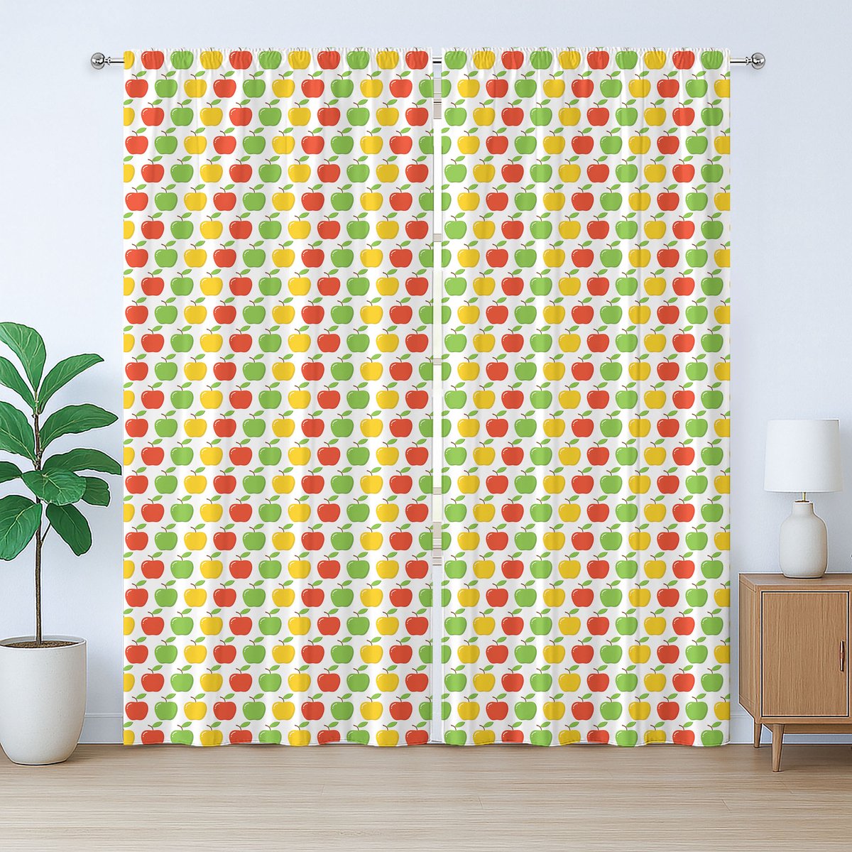 ABAKUHAUS Kleurrijk rustiek gordijn, appels en bladeren zomer, slaapkamergordijn met lussen en haken, 280 x 245 cm, mosterd, donkerroze en groen