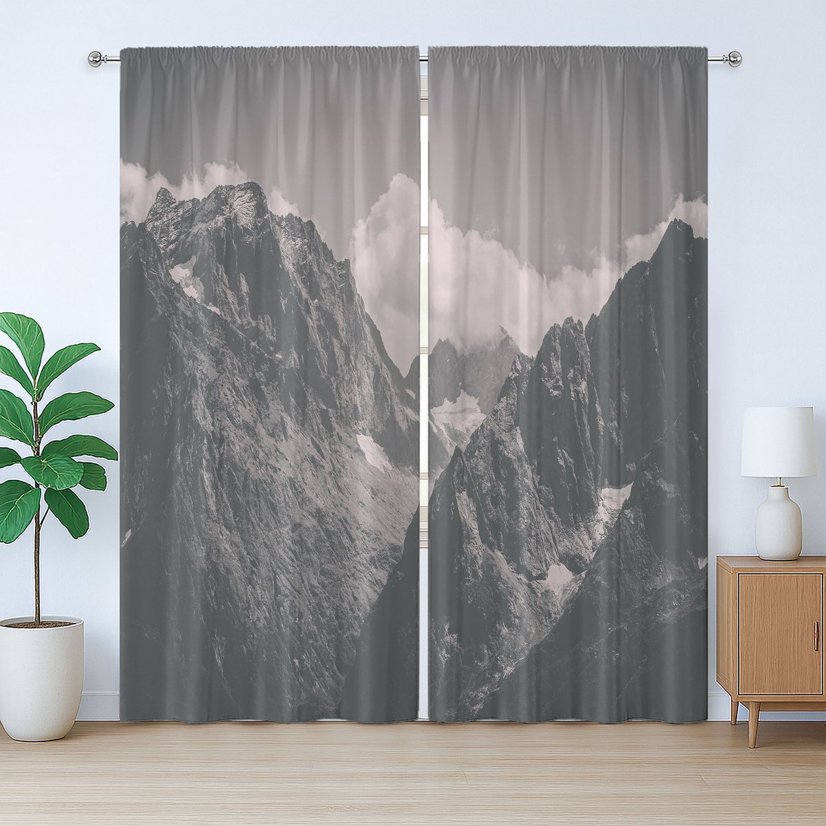 ABAKUHAUS Rustiek Landschap Gordijn, Bewolkte Majestueuze Bergen, met Lussen en Haken, 280 x 245 cm, Taupe Grijs Licht Taupe