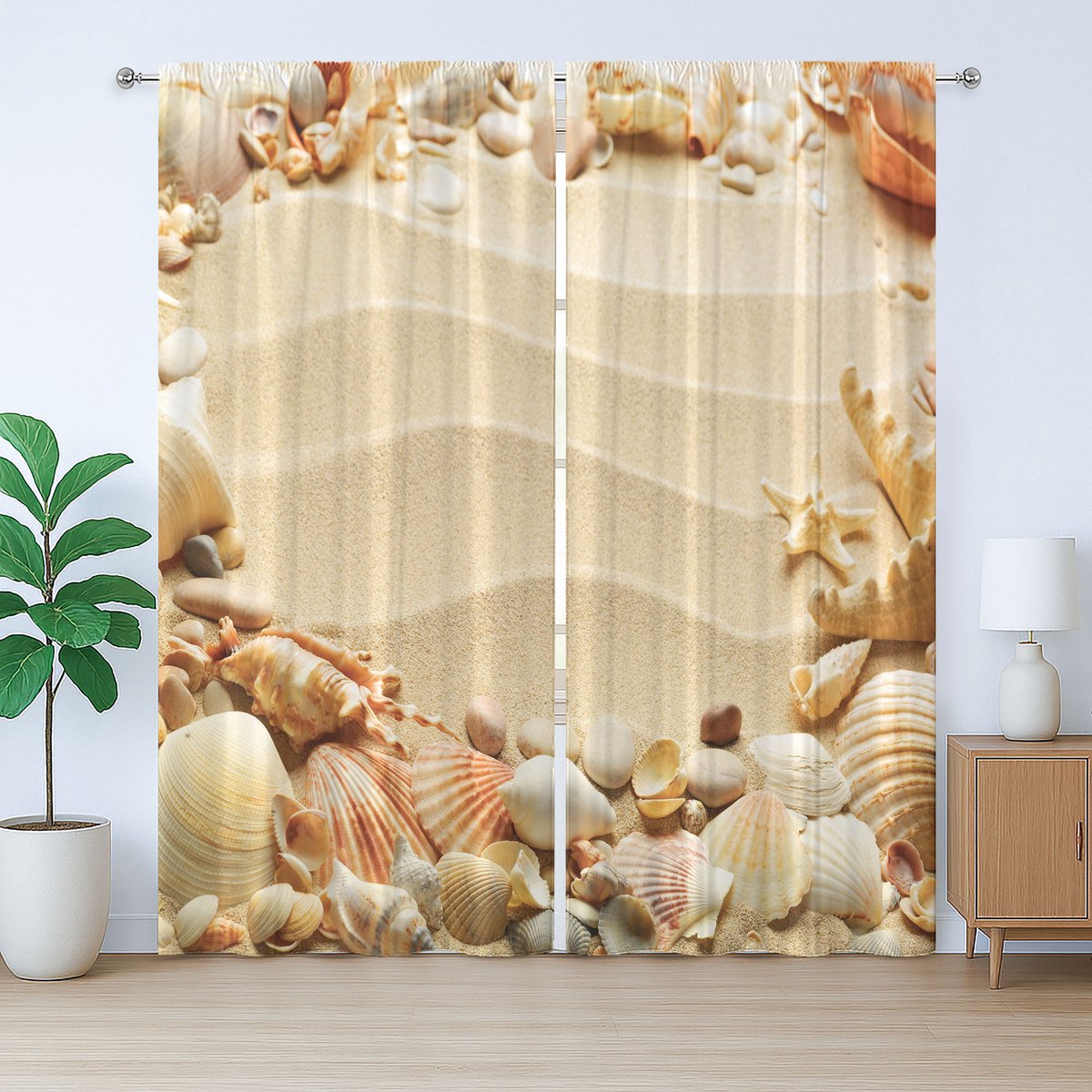 ABAKUHAUS Rustiek Gordijn, Vervaagde Oceaanschelpen Zandkleurig, met Bandjes, Lussen en Haken voor de Woonkamer, 280 x 175 cm, Zandgeel Oranje