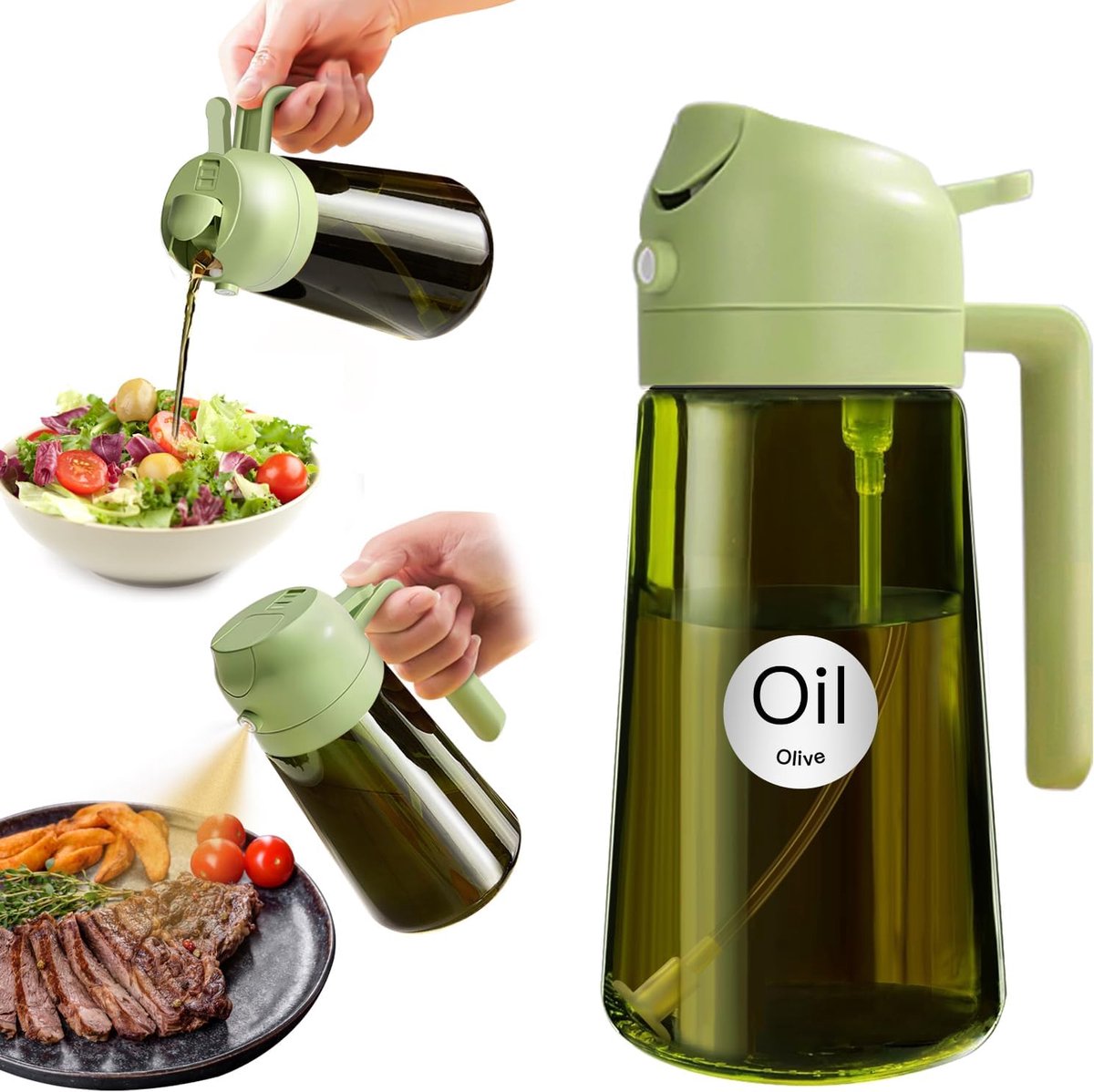 Famanu – Lichtblokkerende glazen oliesproeier set, 470 ml, 2-in-1 olie spray voor airfryer en koken
