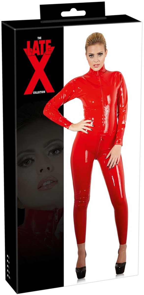 LateX – Erotische Bondage Catsuit met Rits Sluiting bij Borsten en Kruis Spanning Verzekerd Maat XS – Rood