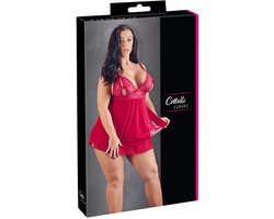 Cottelli Plus Size – Erotische Babydoll met Kanten Buste Motieven en Open Cups – Maat 4XL – Rood