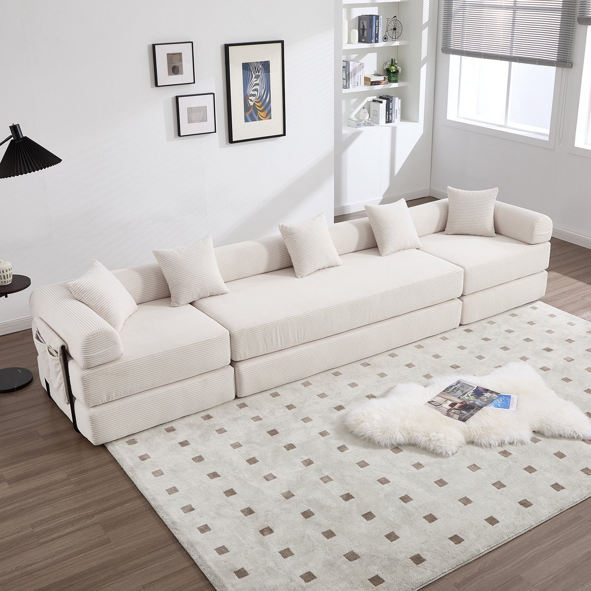 STILVORA Modulaire Hoekbank 270 X 180 X 90 Cm - Snel Uitvouwbaar & Met Zijvak - Als Slaapbank Voor Woonkamer En Logeerkamer - Corduroy Beige