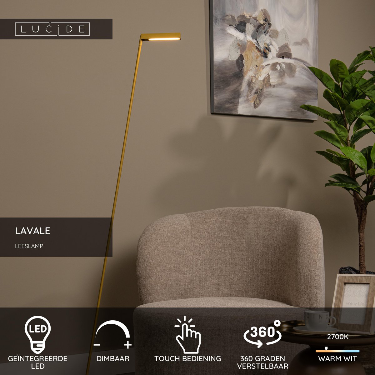 Lucide LAVALE - Leeslamp - LED Dimb. - 1x3W 2700K - Okergeel