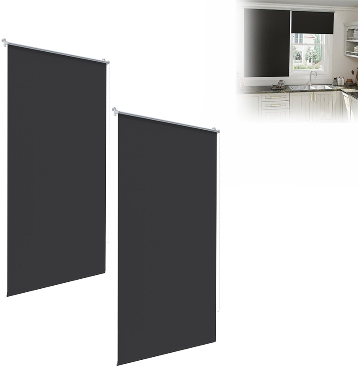 Aufun Verduisterend Rolgordijn - 2 Stuks - 120 X 160cm - Zwart - Zijdelings Bedienbaar Rolgordijn - Raamgordijn Met Klembevestiging - Thermisch Rolgordijn