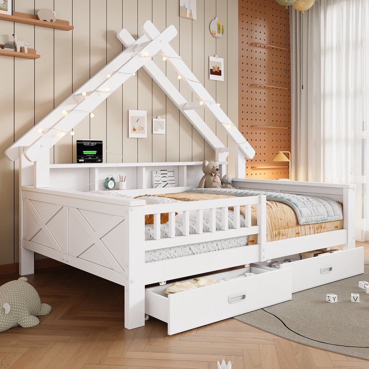 STILVORA Huisbed 140x200 cm – Kinderbed Met Ledverlichting – Met Planken En 2 Lades – Met Uitvalbeveiliging – Houtlook – Zonder matras – Wit