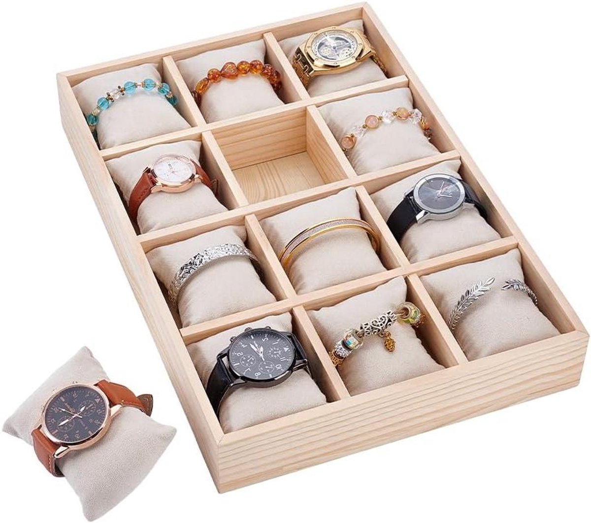 Allecto - Horloge Bangle Organizer - Stapelbare Sieraden Armband Opberglade - Fluwelen Kussens - Bangle Display Houder - Horloge Display Showcase - 12 Grids - Geschikt voor Lade - Oud Kant - 35x24x4,95cm