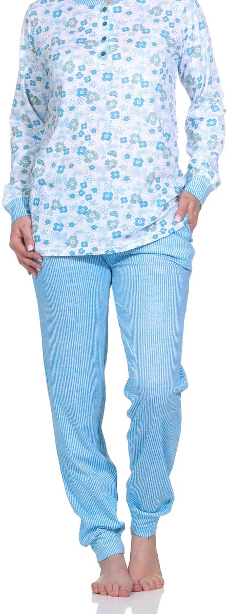 Normann Damespyjama met lange mouwen en manchetten, pyjamabroek in fijne streepjeslook blau