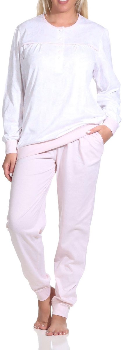 Normann Elegante damespyjama met manchetten in Paysley-dessin en knoopsluiting aan de hals rosa