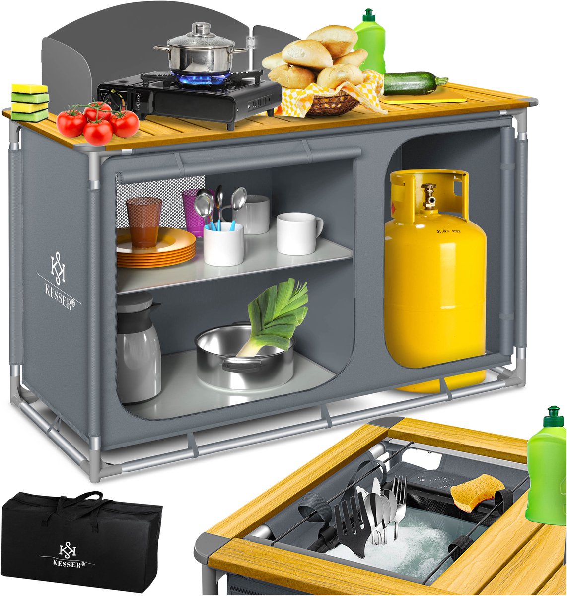 KESSER® Campingkeuken Opvouwbaar - Campingkast inclusief Opbergtas - Kampeerkeuken Kampeerkast Camping Keuken - Grijs / Typ F4