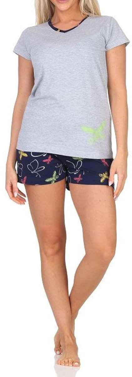Normann dames shorty pyjama met korte mouwen en vlindermotief - ook in grote maten grau-mel.