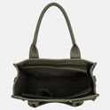 Gedetailleerde opening van de natuur groen tote bag met diverse vakken en ritssluitingen.