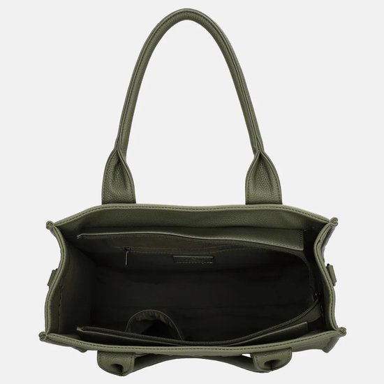 Gedetailleerde opening van de natuur groen tote bag met diverse vakken en ritssluitingen.