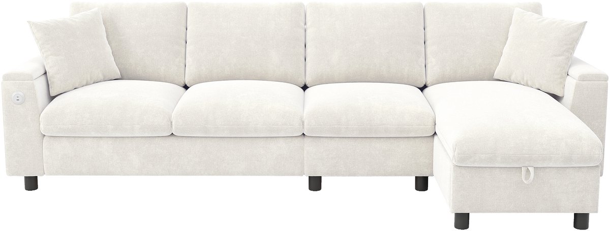 Wishdor Hoekbank Met Slaapfunctie En Opbergruimte - L-Vormig - Modern - Chenille - Beige - 280 x 137 x 84 cm