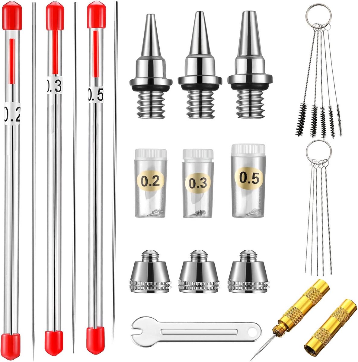 21-delige set met sproeikopdoppen voor airbrushes, inclusief vervangingsonderdelen voor airbrushnaalden, een sleutel en een reinigingsset voor airbrushes, geschikt voor accessoires voor airbrushspuiten, maten: 0,2/0,3/0,5 mm.