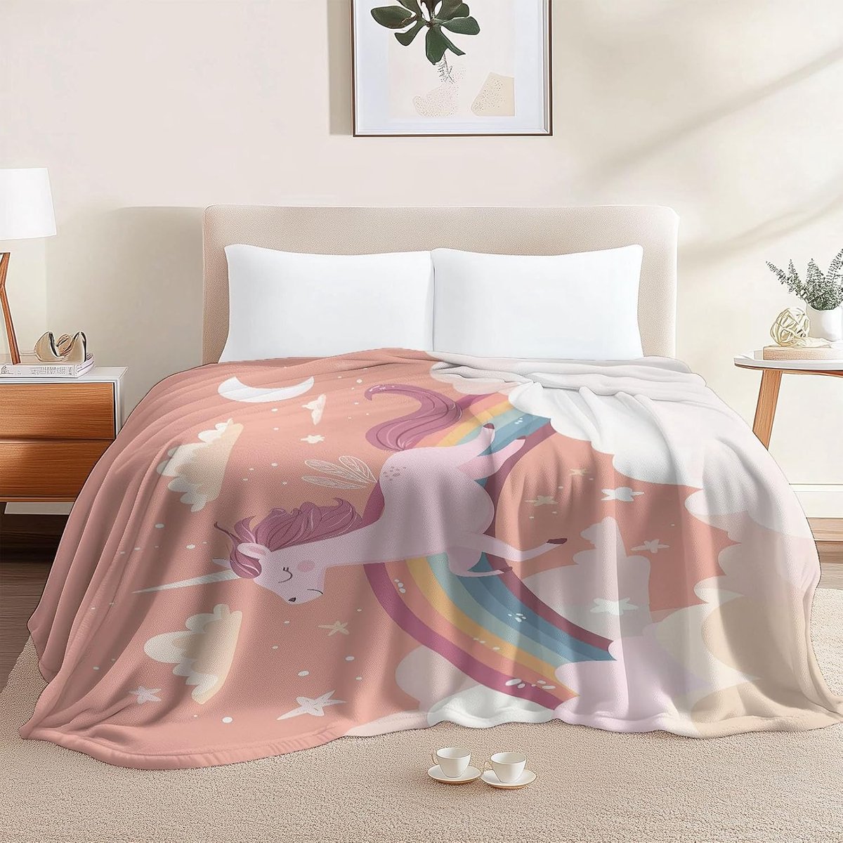 Flanellen Dekens - Zachte Plaid - Koude Avonden - Eenhoorn Droom Patroon - 100 x 150 cm - Perzik Roze — cadeau in Wonen & Interieur - foto 2