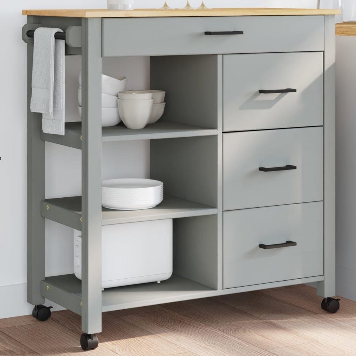 Keukenwagen - Serveertrolley - Extra Opbergruimte - Massief Hout - 84 x 40 x 90 cm - Grijs