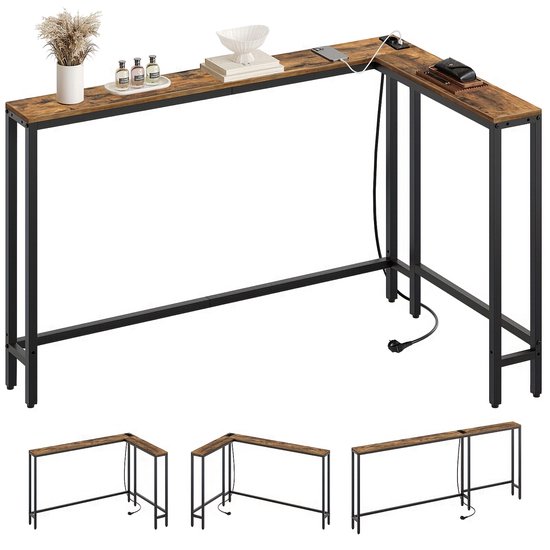 L-vormige consoletafel met rustiek bruin blad, zwart metalen frame en drie kleinere afbeeldingen van mogelijke configuraties.