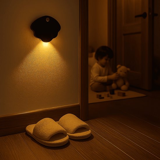 Nachtlampje met bewegingssensor - sensorlamp - LED nachtlamp - USB oplaadbaar - draadloos magnetisch - 3 kleurstanden - auto/altijd aan - schelpvorm wandlampje - zwart - grote batterij van Merkloos — afbeelding 3