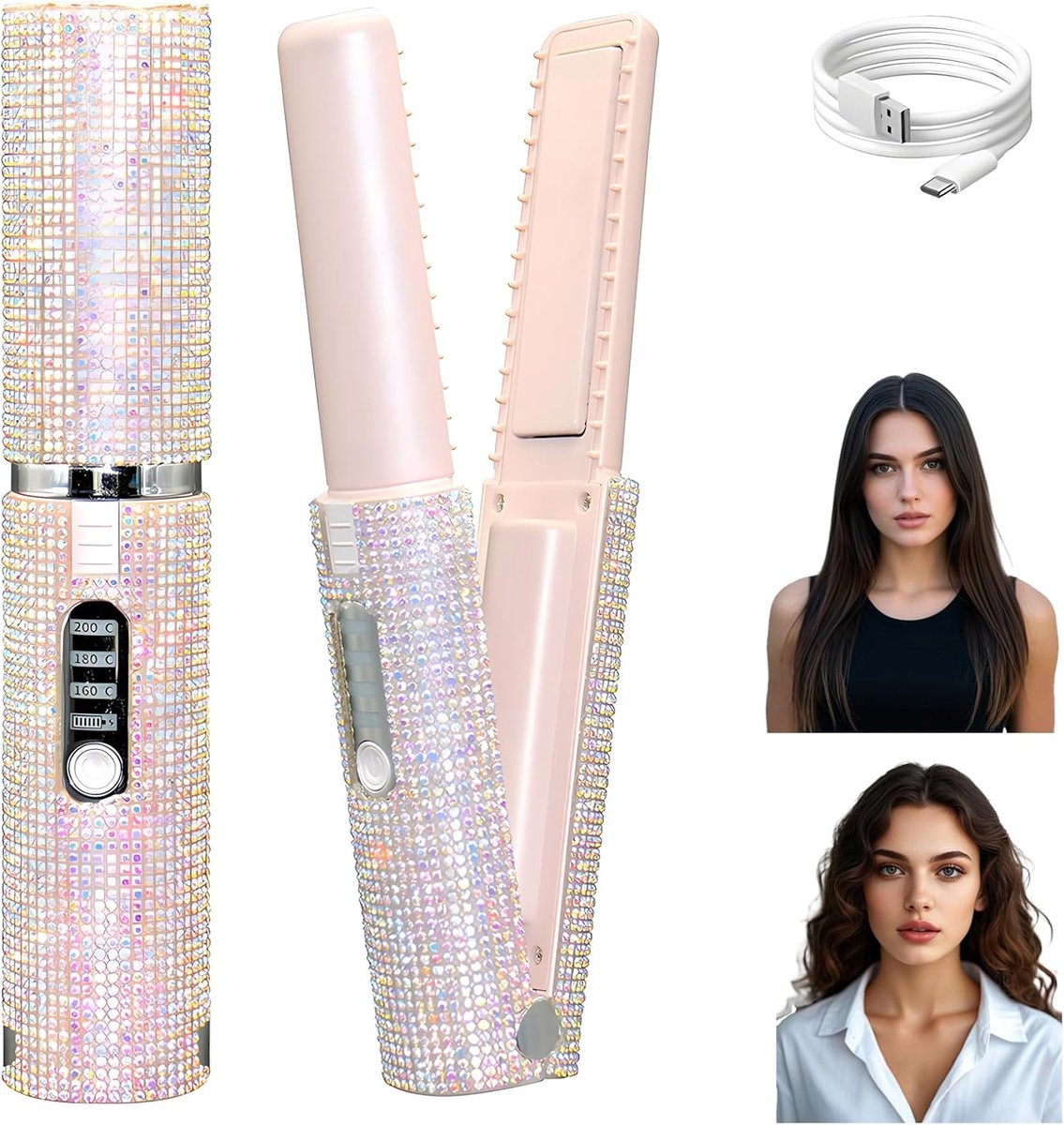 Draadloze Stijltang Krultang - Mini Haar Styler - Reizen Haar Styling - 2-in-1 Functie - 20 cm Lengte - Roze