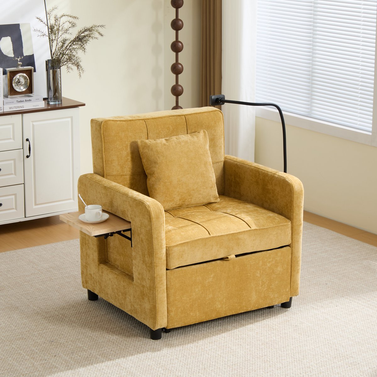 MODFU Slaapfauteuil - 2-In-1 - Verstelbare Rugleuning - Modern - Chenille - Mosterdgeel - 167 X 79 X 83 Cm