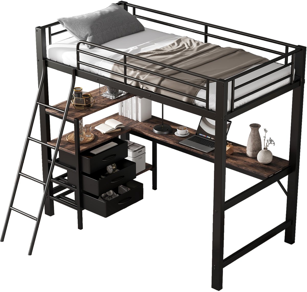 REDOM Hoogslaper – Met bureau & 3 laden – Schuine ladder – Metaal & hout – Zwart & donker walnoot – 90x200 cm