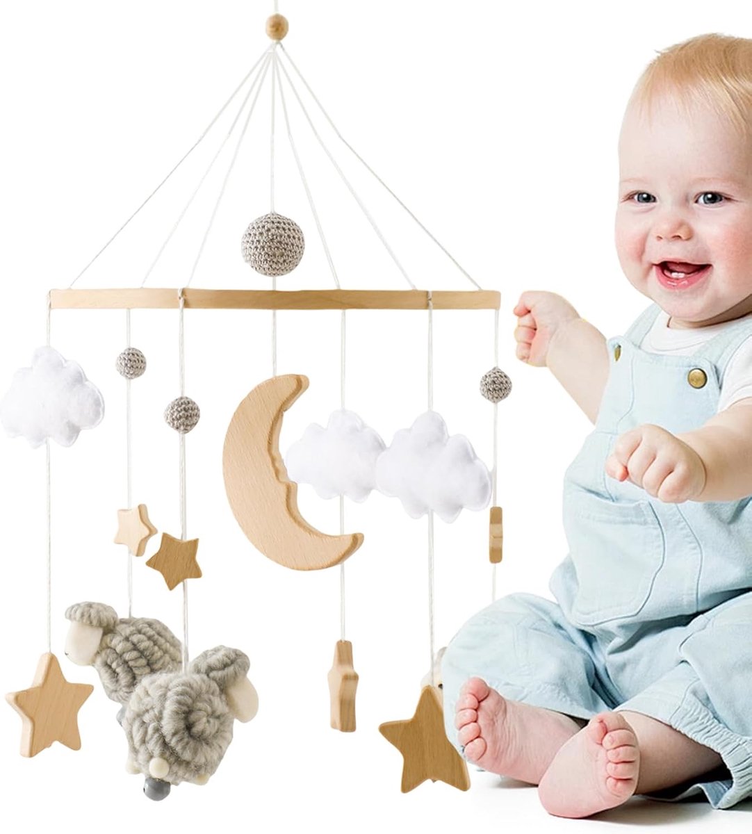 Wiegmobiel Houten Muziek - Babymobiel Kinderkamer - Rustgevende Melodieën - Bohemien Stijl Decor - 225 Cm Breed - Grijs