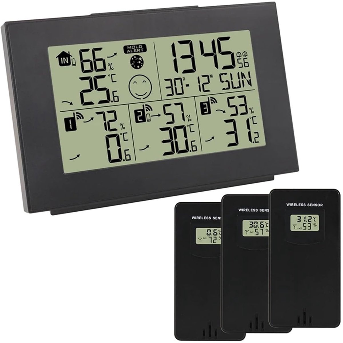 Weerstation Klok - Digitale Thermometer - Binnen Buiten - Drie Draadloze Sensoren - LCD Display