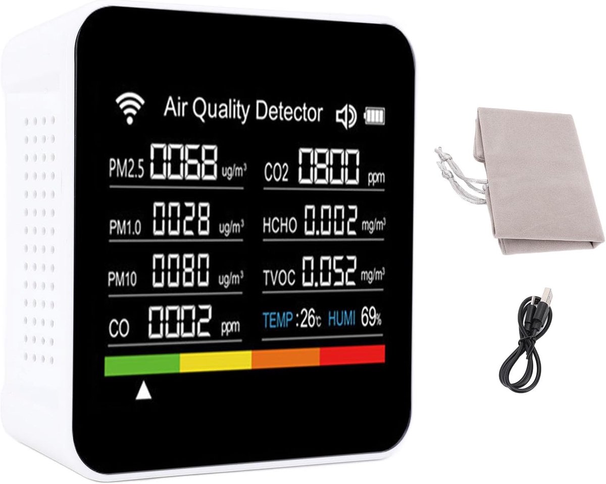 Luchtkwaliteitsmeter - Binnenthermometer Vochtigheidstester - Binnenmilieu Monitoren - 14 Detectiefuncties - 223 gram - Wit