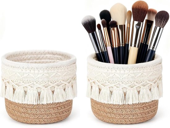 Make-up organizers - Mini mandjes - Opbergen make-up - Handgeweven ontwerp - 2 stuks 10 cm - Beige