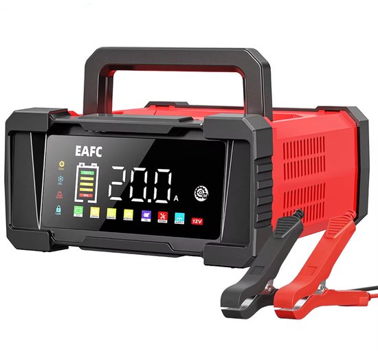 Rode en zwarte acculader met digitale display en klemmen.