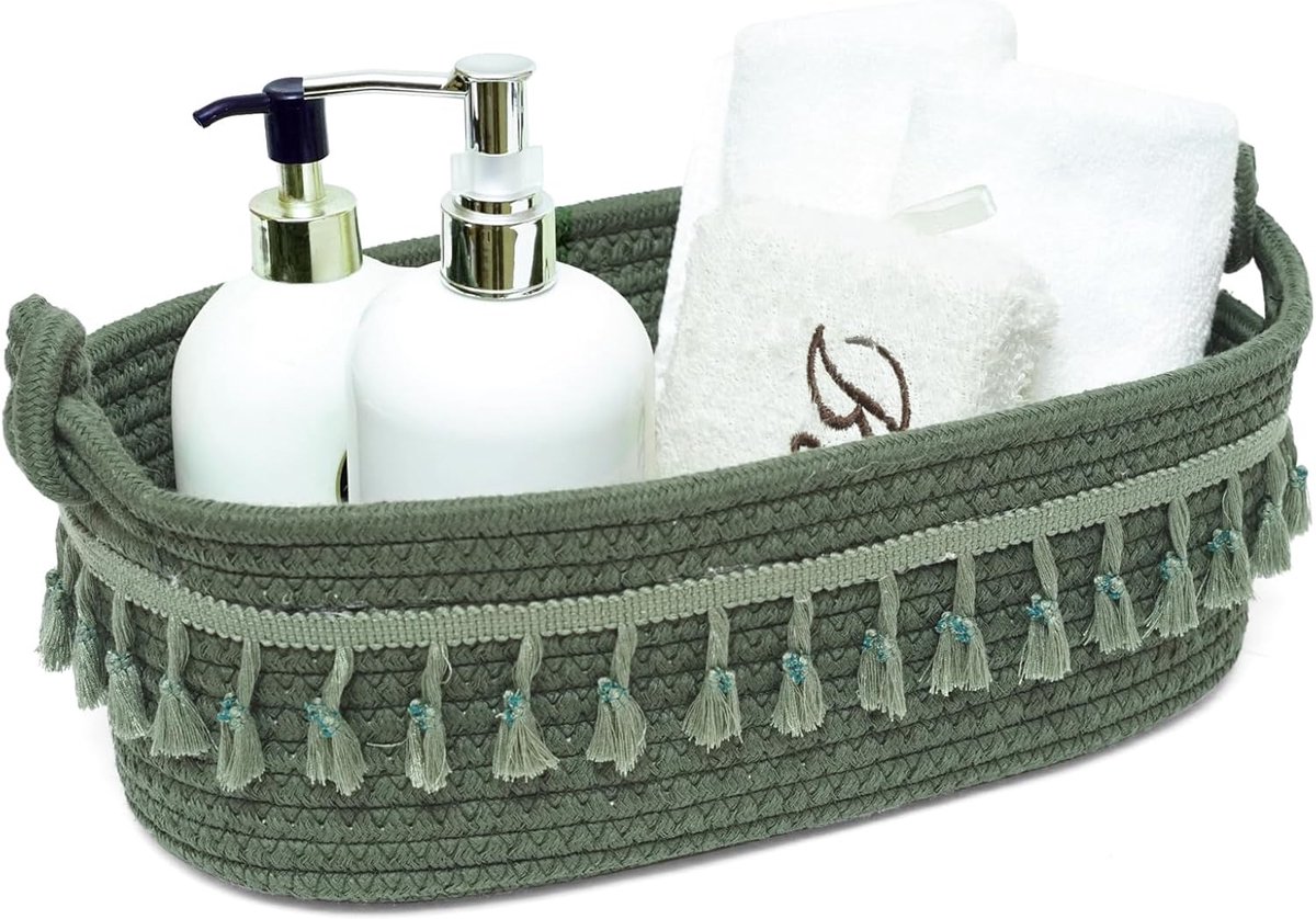 Katoenen Opbergmand - Woven Mandje - Organiseer Ruimtes - Zacht Rechthoekig - 35 x 13 x 11 cm - Groen