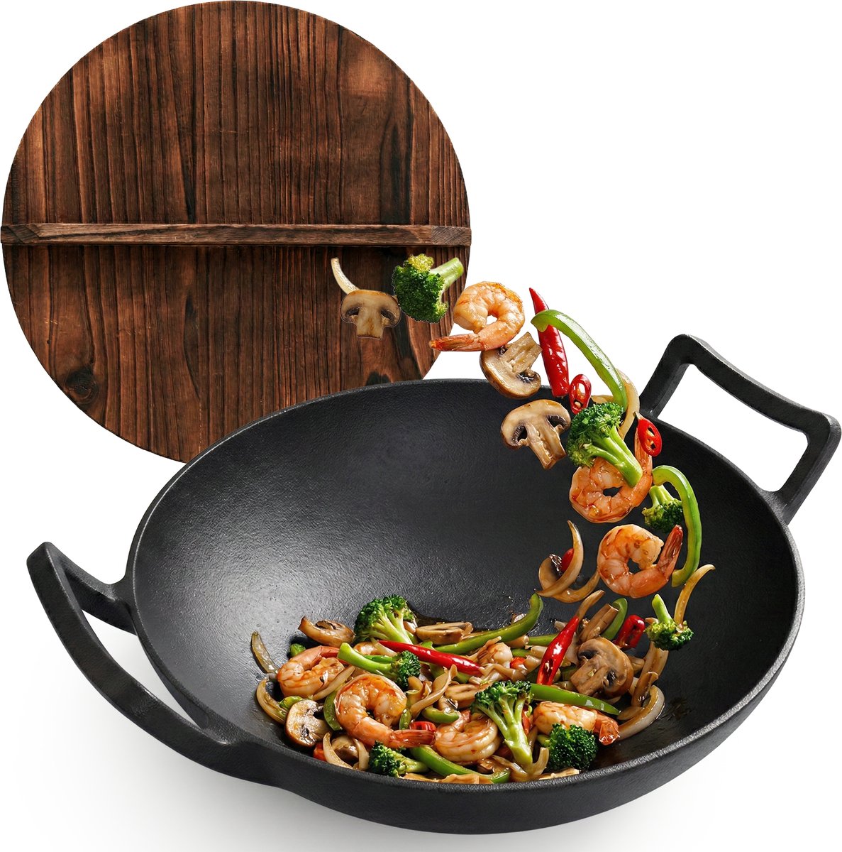 Gietijzeren Wok Ø36 cm met Houten Deksel – Wokpan Gietijzer voor Inductie, Gas, Oven & BBQ – Pre-seasoned – Grote Wokpan met Handgrepen – Professionele Wok