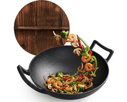 Gietijzeren Wok Ø36 cm met Houten Deksel – Wokpan Gietijzer voor Inductie, Gas, Oven & BBQ – Pre-seasoned – Grote Wokpan met Handgrepen – Professionele Wok